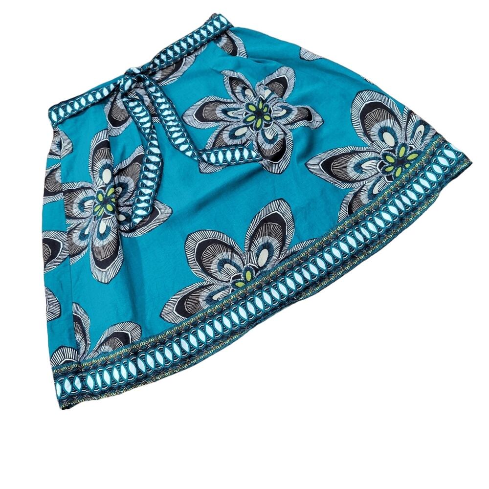 Floral Linen Blend A-Line Tie Belt Floral Boho Skirt Vibrant Teal Size 14